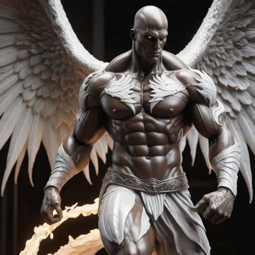 Prompt:  showcasing a cinematic masterpiece of a fully-detailed charcoal striated muscle man statue. The statue features a bald and clean-shaven appearance, with serious white eyes that exude a captivating glow, dragon skin texture. Surrounding the statue is a swirling aura of silver-white energy with . The image is rendered in stunning 8k resolution, delivering a hyper-realistic and cinematic experience. The composition prominently displays the statue's full physique, with flaming white arm tattoos, glowing white eyes, giant wings and a broadsword, made with DALLE 3, unreal engine 5, 3D render, 