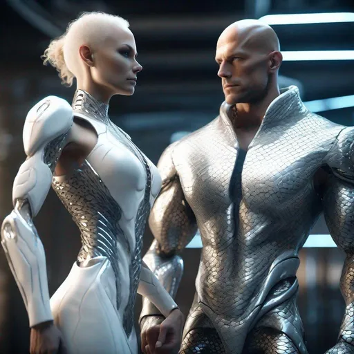 Prompt: a tall bald silver and platinum skinned masculine and muscular cyber humanoid standing next to a curly blonde hair curvy feminine woman with glowing white futuristic cybernetics arms and body, they have white eyes and his skin are in the texture of dragon scales, standing in a powerful pose, made with DALLE 3, unreal engine 5, 3D cinematic render, high resolution, 4k, detailed, high quality, professional, wide view