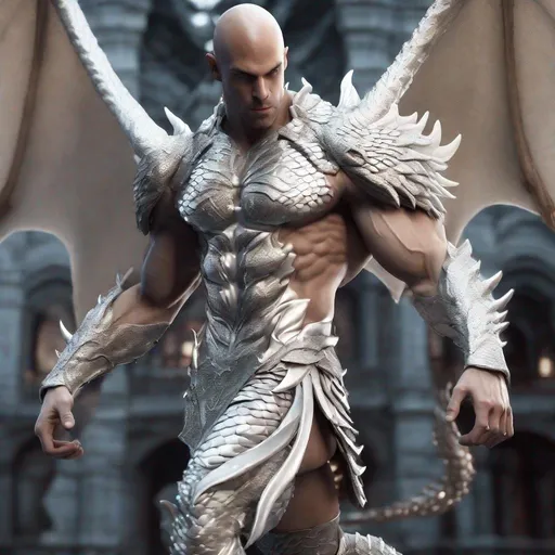 Prompt: A bald, masculine muscular demigod man statue with platinum white skin, glowing white eyes and giant silver dragon wings, in an aesthetic dragon armour with dragon scales running around his arms and legs, he should have fire white tattoos running from his shoulder to his fist and look exotic, The image is rendered in stunning 8k resolution, delivering a hyper-realistic and cinematic experience. The composition prominently displays the statue's full physique, with flaming white arm tattoos, glowing white eyes, made with DALLE 3, unreal engine 5, movie cinematic render
