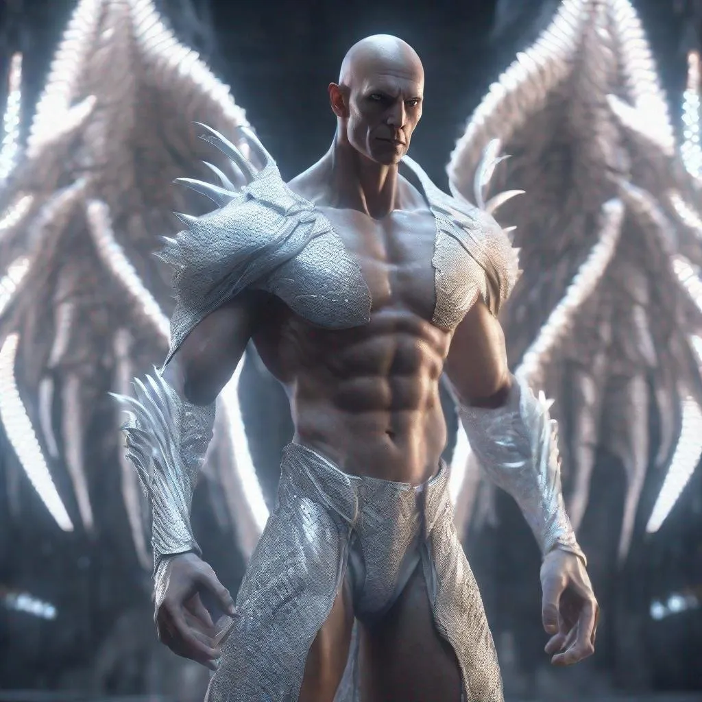 Prompt: a tall bald silver and platinum skinned masculine and hyper muscular angel humanoid with, glowing white divine cybernetics, he has white eyes and his skin are in the texture of neon white dragon scales, standing in a powerful pose, made with DALLE 3, unreal engine 5, 3D cinematic render, high resolution, 4k, detailed, high quality, professional, wide view