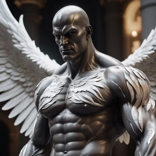 Prompt:  showcasing a cinematic masterpiece of a fully-detailed charcoal striated muscle man statue. The statue features a bald and clean-shaven appearance, with striking white eyes that exude a captivating glow. Surrounding the statue is a swirling aura of silver-white energy with . The image is rendered in stunning 8k resolution, delivering a hyper-realistic and cinematic experience. The composition prominently displays the statue's full physique, with flaming white arm tattoos, glowing white eyes, giant wings and a broadsword, made with DALLE 3, unreal engine 5, 3D render