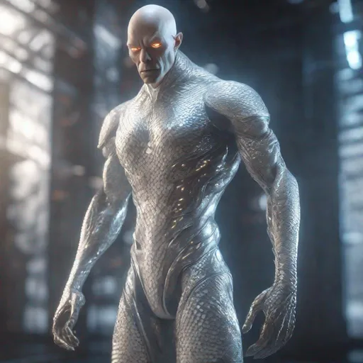 Prompt: a tall bald silver and platinum skinned masculine and muscular alien humanoid with, glowing white futuristic cybernetics, he has white eyes and his skin are in the texture of dragon scales, standing in a powerful pose, made with DALLE 3, unreal engine 5, 3D cinematic render, high resolution, 4k, detailed, high quality, professional, wide view