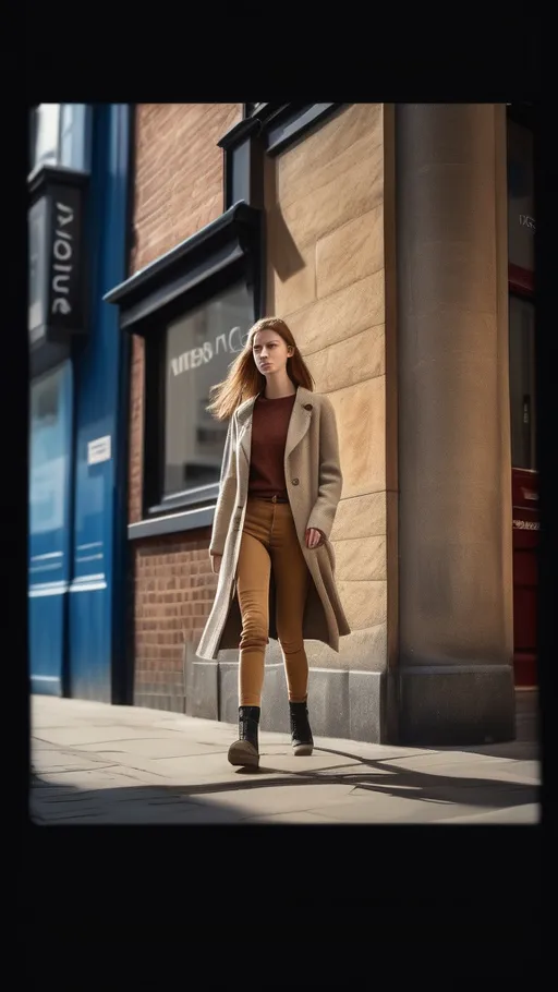 Prompt: Tall young woman walking down the high street, detailed clothing, realistic, natural lighting