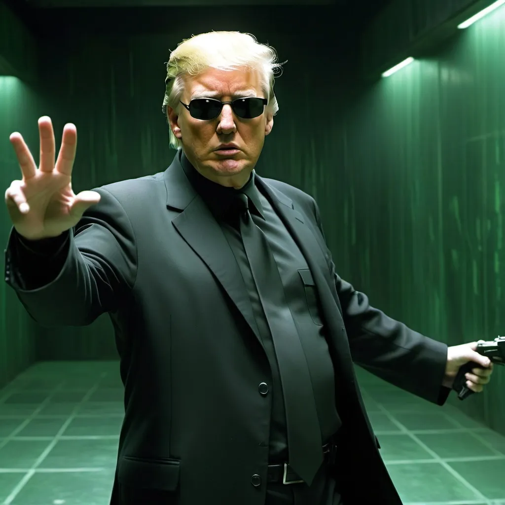 Prompt: Donald Trump as NEO from The Matrix in the most famous fighting scene
