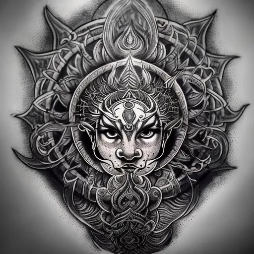 Prompt: Tattoo designs of Lord Shiva's trishul, intricate mandala patterns, black and gray tattoo style, high definition, realistic, detailed line work, spiritual, divine, powerful symbolism, sacred geometry, mystical, professional tattoo art, intricate shading, contrasting shadows, mystical lighting, high quality, black and gray, mandala patterns, detailed trishul, spiritual symbolism