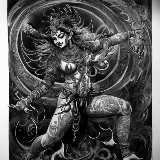 Prompt: Tattoo designs of Natraja performing the tandav dance, intricate black ink design, dynamic and energetic pose, detailed expressions, high quality, black and white, traditional art style, intricate details, spiritual and divine, intricate patterns, artistic, monochrome, detailed linework, spiritual themes, dynamic movement, precise shading, traditional tattoo style, divine symbolism, powerful and bold, high contrast