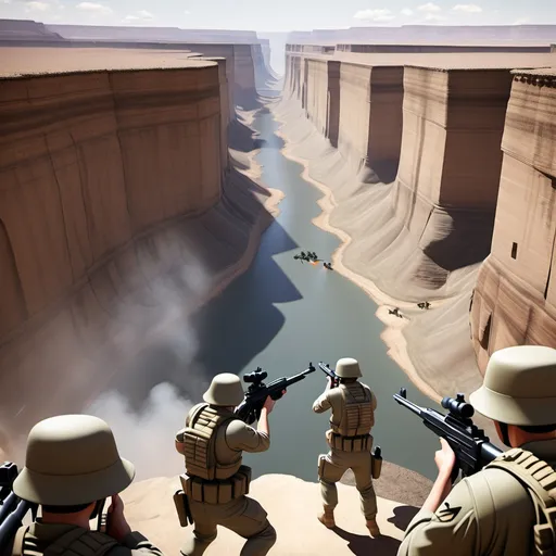 Prompt: Have two military teams aiming guns at eachother, with a canyon between the teams