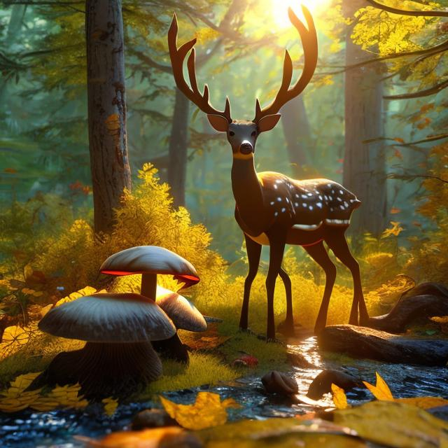 Prompt: a deer standing next to a river in a forest with mushrooms on the ground. Sunlight is bright and shine through the yellow leaves.