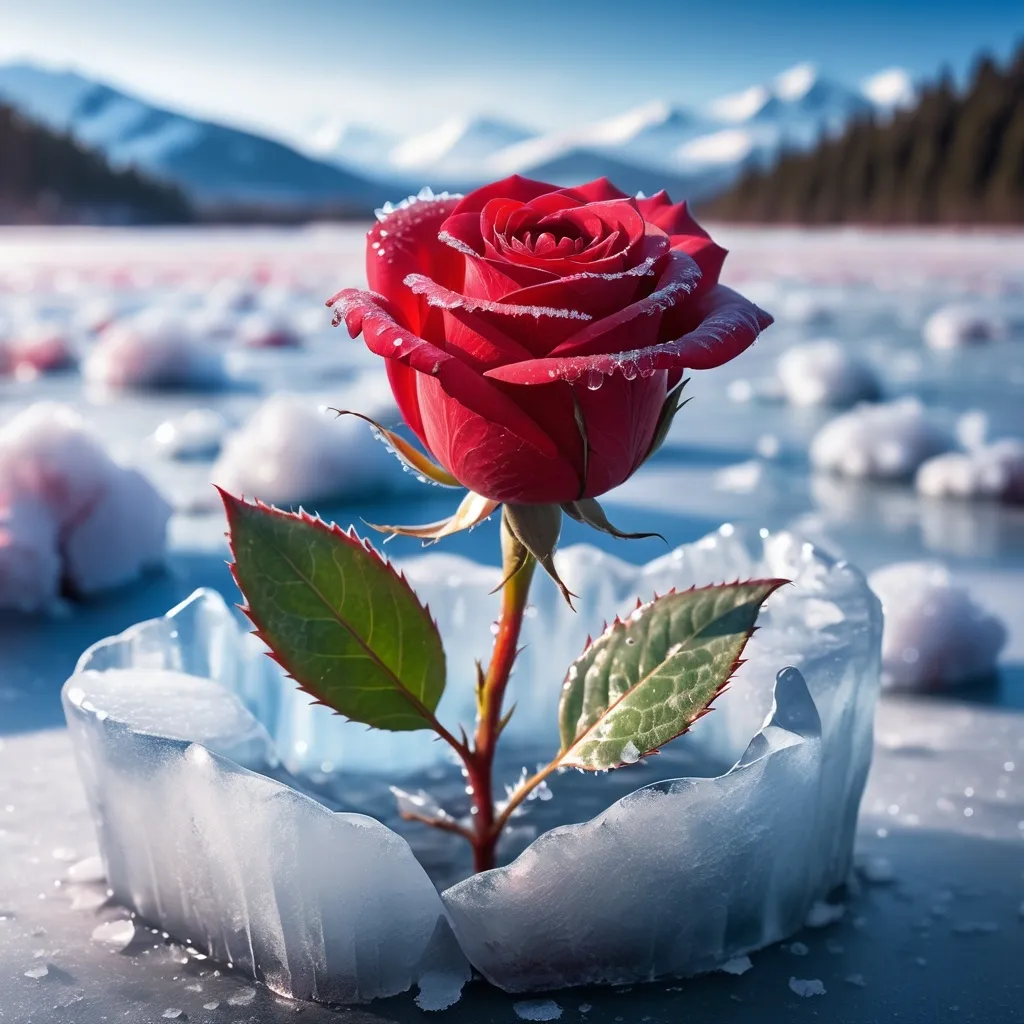 Prompt: red rose growing out of ice frozen ground