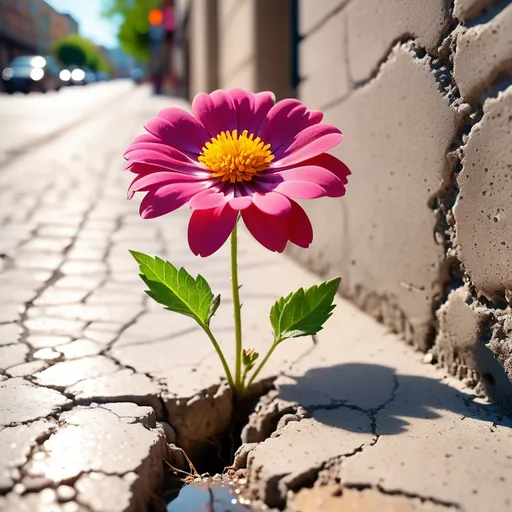 Prompt: flower growing out of concrete crack in sidewalk