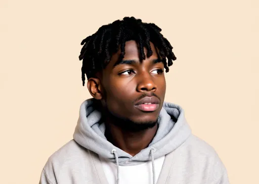 Prompt: A young male figure with a stylish coiled hairstyle gazes thoughtfully from a solid tan background, featuring prominent facial features that include full lips and expressive brown eyes accentuated by well-groomed eyebrows. He dons a gray hoodie that casts a casual vibe, layered over a white shirt, suggesting a modern, urban aesthetic. The composition presents a close-up view, focusing primarily on his face and upper body, creating an engaging connection with the viewer. The illustration showcases a smooth, cartoon-like style, characterized by clean lines and a limited color palette, combining soft shadows with highlights that enhance depth and dimension. This striking portrayal conveys a sense of confidence and poise, inviting contemplation about the character's story or mood.
