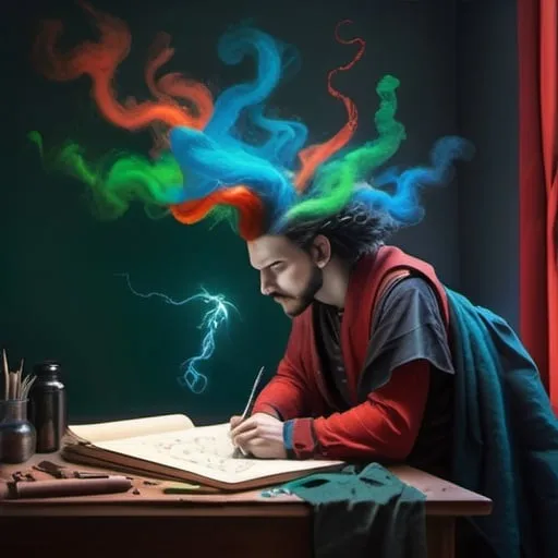 Prompt: Un uomo coi capelli scuri, disegna con l’inchiostro piegato sul tavolo di una scrivania antica. È un’artista e scienziato. I colori sono verde rosso blu e nero. l’atmosfera è magica, gli hanno fatto un incantesimo.