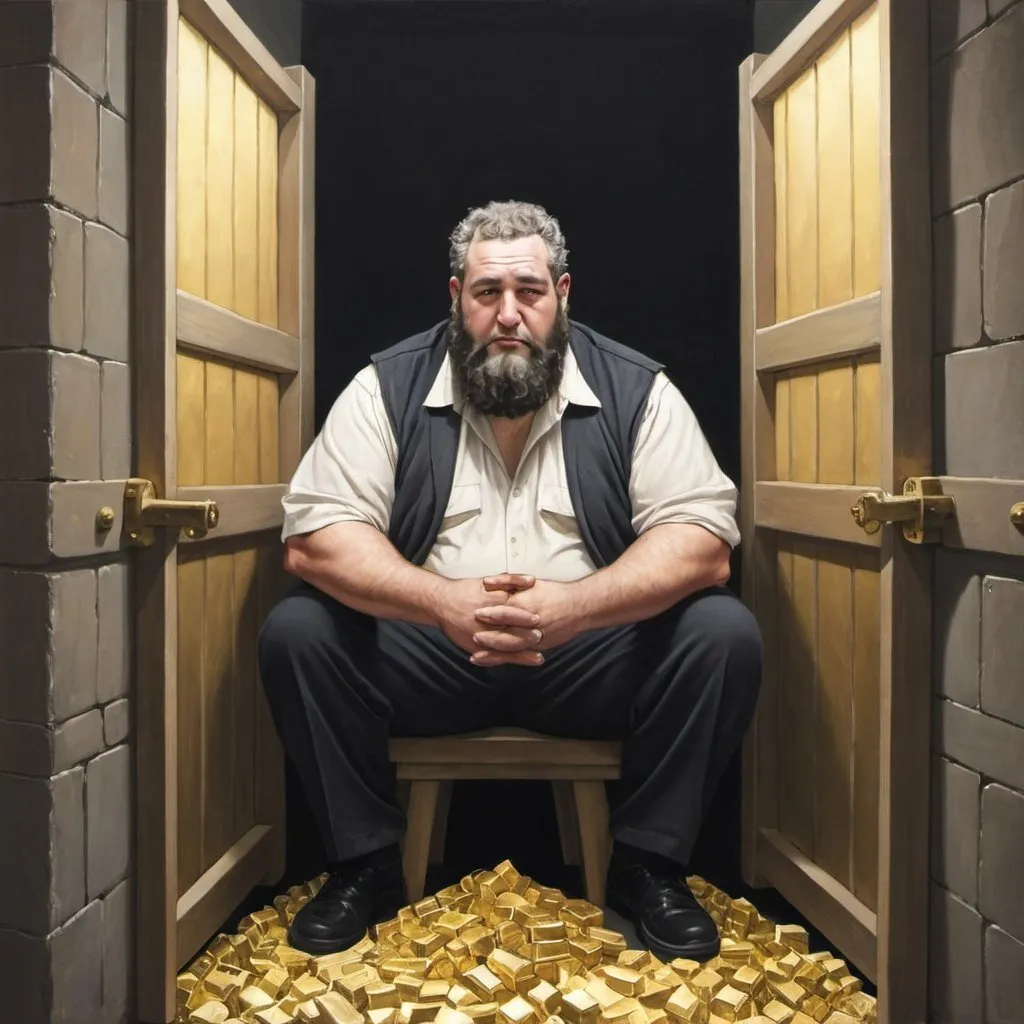 Prompt: Please drew me a picture of a beautiful big Jewish man guarding a prison cell full of blocks of gold