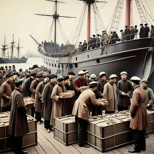 Prompt: Picture: British people smuggling opium into a Chinese port on a British ship. The British ship is docked at the port. There are more than ten boxes and a group of British sailors on board. A British person is talking to two Chinese people at the port. Five Chinese people are watching the boxes. The Chinese people look like Chinese dresses and fisherman hats. The British people are wearing suits and look very gentlemanly. The British ship is an iron-hulled warship (a wooden ship wrapped with steel skin as the outer shell). There is a red flag of Britain in 1801 on board, which is used as the national flag of the British merchant fleet. The painting style is ink painting