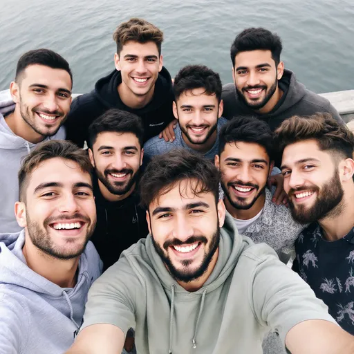 Prompt: Gathered together with cheerful expressions, a group of eight young men poses for a selfie, showcasing a sense of camaraderie and joy. They are outdoors, with a serene body of water visible in the background, likely indicative of a daytime setting under clear weather. The individuals wear a variety of casual attire, featuring hoodies, T-shirts, and patterned shirts, each contributing to a relaxed vibe. The group is arranged closely, with some leaning on each other, emphasizing their friendship. The lighting is natural, enhancing the subtle colors of their clothing while softening their features, encapsulating a moment of youthful exuberance and togetherness.
