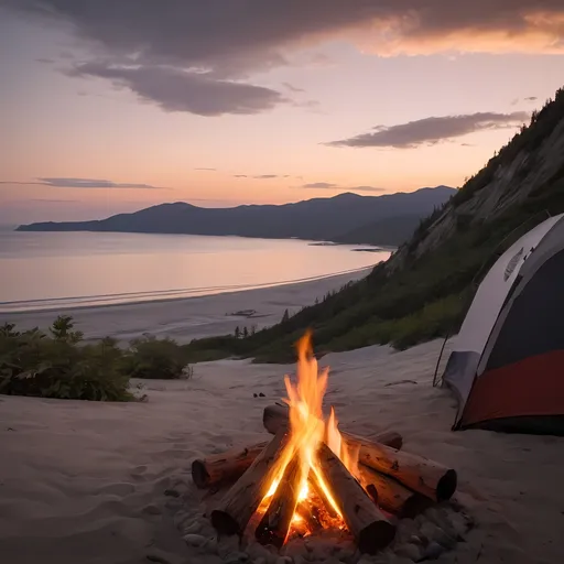 Prompt: beach at sunset from mountain and campfire on the mountain watching from inside of the camp
