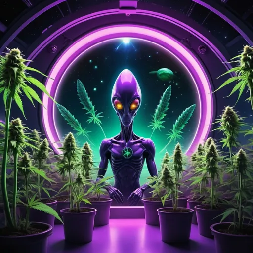 Prompt: Create a vibrant, eye-catching image for the cannabis company "Area 151" with a distinct space and alien theme. The design should include the following elements:

Background: A captivating outer space scene with distant galaxies, stars, and colorful nebulae.
Central Element: An alien spaceship hovering above a futuristic, glowing cannabis farm with plants that emit a soft, radiant light. The spaceship should have a sleek, advanced design, with visible alien technology.
Aliens: Friendly and intriguing alien characters tending to the cannabis plants, showcasing their advanced cultivation techniques.
Company Logo: The "Area 151" logo prominently displayed, incorporating elements of both the space theme and cannabis imagery. The logo could be integrated into the spaceship or a sign within the scene.
Colors and Style: Use a palette of vibrant, cosmic colors like deep purples, blues, and greens, with highlights of neon and metallic tones to give the image a futuristic and otherworldly feel.
Atmosphere: Create a sense of wonder and curiosity, capturing the mystery and excitement of the unknown, while also emphasizing the innovative and high-quality nature of Area 151's products.