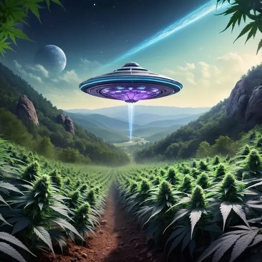 Prompt: Create a vibrant, eye-catching image for the cannabis company 'Area 151', situated in the Blue Ridge Mountains, with a distinct space and alien theme. The design should feature the following elements:

Background: An enchanting outer space scene with distant galaxies, stars, and colorful nebulae, subtly blending into the serene Blue Ridge Mountains landscape.
Central Element: An alien spaceship, sleek and advanced, hovers above a futuristic, glowing cannabis farm nestled amidst the Blue Ridge Mountains. The farm should feature cannabis plants emitting a soft, radiant light.
Aliens: Friendly and intriguing alien characters, with advanced cultivation techniques, tend to the cannabis plants, showcasing their expertise.
Company Logo: The 'Area 151' logo should be prominently displayed, seamlessly integrated into either the design of the spaceship or as a discreet element within the scene, reflecting both the space theme and cannabis imagery.
Colors and Style: Utilize a palette of vibrant cosmic colors such as deep purples, blues, and greens, with accents of neon and metallic tones, to create a futuristic and otherworldly ambiance.
Atmosphere: Capture a sense of wonder and curiosity, emphasizing the mystery and excitement of the unknown, while highlighting the innovative and high-quality nature of Area 151's products."

This prompt should guide the AI in creating an image that aligns with your vision for Area 151, incorporating both the space and alien themes along with the discreet depiction of the image within the overall composition.