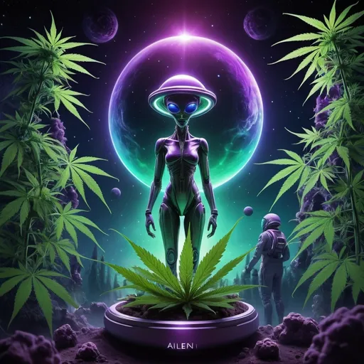 Prompt: 
Create a striking and imaginative image for the cannabis company "Area 151" that combines elements of space exploration and alien life. The design should include:

Background: A mesmerizing outer space backdrop with vibrant galaxies, twinkling stars, and dynamic nebulae in shades of purple, blue, and green.

Central Focus: A sophisticated alien spaceship descending onto an advanced, illuminated cannabis farm. The cannabis plants glow softly, giving off a radiant light that contrasts beautifully with the cosmic scenery.

Alien Characters: Depict friendly, intriguing aliens with unique features, skillfully tending to the cannabis plants. Their advanced cultivation techniques should be evident through high-tech gadgets and tools.

Company Logo: Incorporate the "Area 151" logo prominently within the scene, either on the spaceship or as a glowing holographic sign amidst the cannabis plants. The logo should blend elements of space exploration and cannabis imagery.

Color Palette and Style: Use a palette of vivid cosmic colors such as deep purples, blues, greens, and accents of neon and metallic tones to create a futuristic and otherworldly atmosphere.

Mood: Evoke a sense of wonder, curiosity, and excitement, emphasizing the mysterious allure of the unknown and the innovative, high-quality nature of Area 151's products