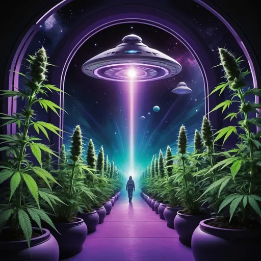 Prompt: Create a vibrant, eye-catching image for the cannabis company "Area 151" with a distinct space and alien theme. The design should include the following elements:

Background: A captivating outer space scene with distant galaxies, stars, and colorful nebulae.
Central Element: An alien spaceship hovering above a futuristic, glowing cannabis farm with plants that emit a soft, radiant light. The spaceship should have a sleek, advanced design, with visible alien technology.
Aliens: Friendly and intriguing alien characters tending to the cannabis plants, showcasing their advanced cultivation techniques.
Company Logo: Create a small logo for "151" and incorporate it into the image. The "Area 151" logo prominently displayed, incorporating elements of both the space theme and cannabis imagery. The logo could be integrated into the spaceship or a sign within the scene.
Colors and Style: Use a palette of vibrant, cosmic colors like deep purples, blues, and greens, with highlights of neon and metallic tones to give the image a futuristic and otherworldly feel.
Atmosphere: Create a sense of wonder and curiosity, capturing the mystery and excitement of the unknown, while also emphasizing the innovative and high-quality nature of Area 151's products

Color Palette and Style: Use a palette of vivid cosmic colors such as deep purples, blues, greens, and accents of neon and metallic tones to create a futuristic and otherworldly atmosphere.

Mood: Evoke a sense of wonder, curiosity, and excitement, emphasizing the mysterious allure of the unknown and the innovative, high-quality nature of Area 151's products
