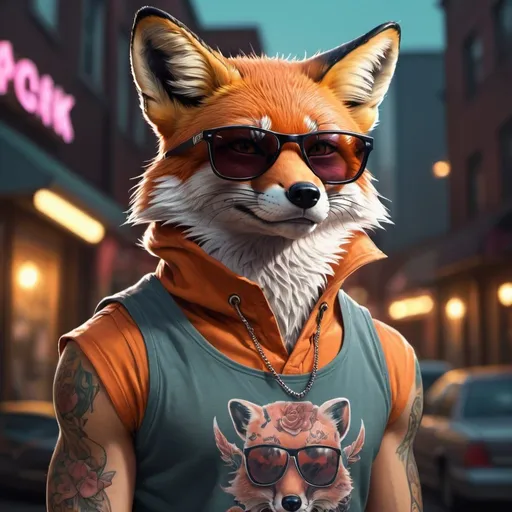 Prompt: Realistic digital painting of a stylish fox, wearing sunglasses and tattoos, tank top, misc-kawaii style, detailed fur, cool tattoos, shades, urban setting, highres, ultra-detailed, realistic, stylish, smoking, cool tones, atmospheric lighting, edgy vibe