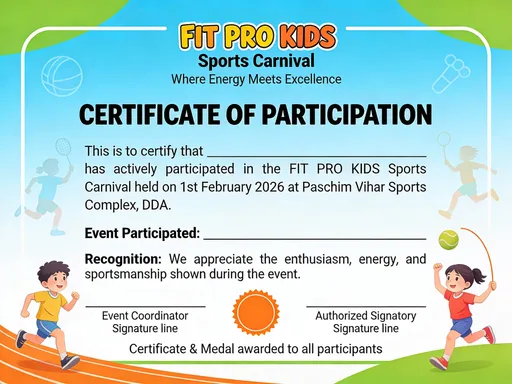 Prompt: Create a high-quality Certificate of Participation inspired by the uploaded reference poster "FIT PRO KIDS – Sports Carnival".

Design & Style:
- Match the poster’s bright, energetic, kid-friendly sports theme
- Use blue sky gradient background with green and orange accents
- Playful yet professional typography suitable for children
- Include subtle illustrations of kids playing sports (running, jumping, throwing) as background watermark
- Clean layout, print-ready A4 size, 300 DPI

Header:
- Logo/Text at top:
  "FIT PRO KIDS"
- Subheading:
  "Sports Carnival"
- Tagline (optional):
  "Where Energy Meets Excellence"

Title:
- Bold and centered:
  "CERTIFICATE OF PARTICIPATION"

Body Text:
- Formal and clear text:
  "This is to certify that
   __________________________
   has actively participated in the
   FIT PRO KIDS Sports Carnival
   held on 1st February 2026
   at Paschim Vihar Sports Complex, DDA."

Event Section:
- Text:
  "Event Participated:"
  __________________________

Recognition Line:
- "We appreciate the enthusiasm, energy, and sportsmanship shown during the event."

Footer:
- Left: Event Coordinator Signature line
- Right: Authorized Signatory Signature line
- Center Bottom:
  "Certificate & Medal awarded to all participants"

Design Elements:
- Rounded borders
- Light sports icons (track, ball, jump)
- Do not overcrowd
- Text must be sharp and readable
- Flat certificate design (no mockups)

Output:
- Professional sports certificate
- Editable text fields
- High-resolution printable file