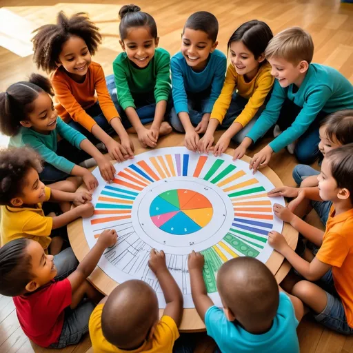 Prompt: Group of diverse children sitting in a circle, each drawing a graph with play money, engaged expressions, teacher with colorful charts, happy, educational, high quality, vibrant colors, realistic, diverse, detailed, warm lighting, educational, inclusive, happy children, professional, realistic details, vibrant educational setting, diverse group, natural lighting