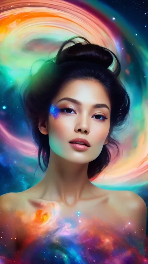 Prompt: Enchanting woman's portrait in a cosmic dream style, surrounded by swirling galaxies, vibrant colors, and an otherworldly presence, stunning and beautiful, photorealistic.