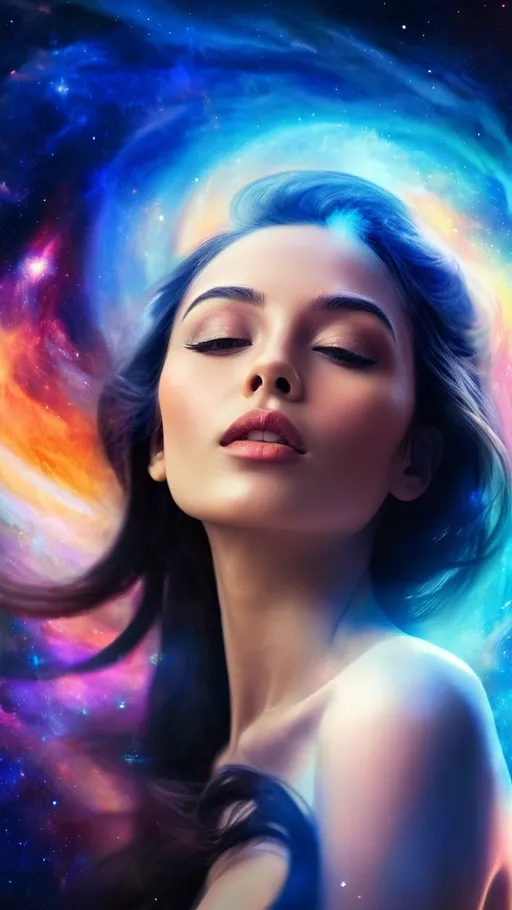 Prompt: Enchanting woman's portrait in a cosmic dream style, surrounded by swirling galaxies, vibrant colors, and an otherworldly presence, stunning and beautiful, photorealistic.