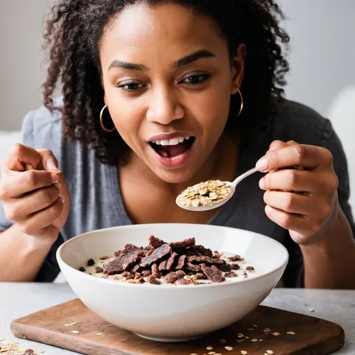 Prompt: An image of a woman eating a bowl of biltong and oats with milk in it as if it were cereal. 