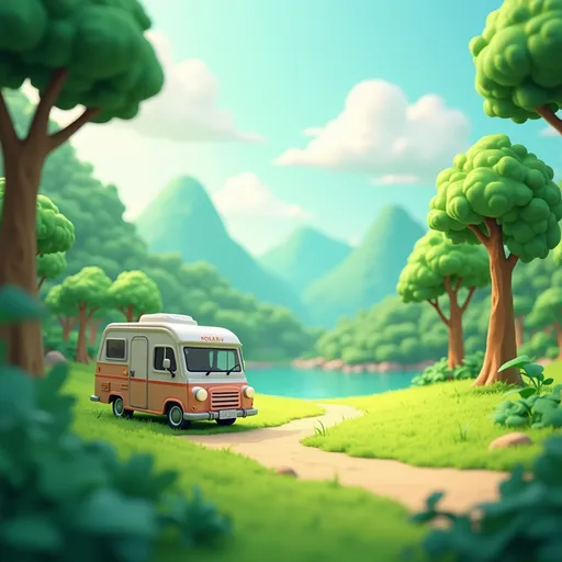 Prompt: advertisement for RVs and vehicles on green,grass in cute cartoon design style,tropical rain forest,dreamy visuals,soft,webcam,bright colors,bold shapes,coastal,scenery,capturing the momont,Octane,Octane,low poly illustration,c4d rendering ,HD,8K--ar 3:4--stylize 380--v 6