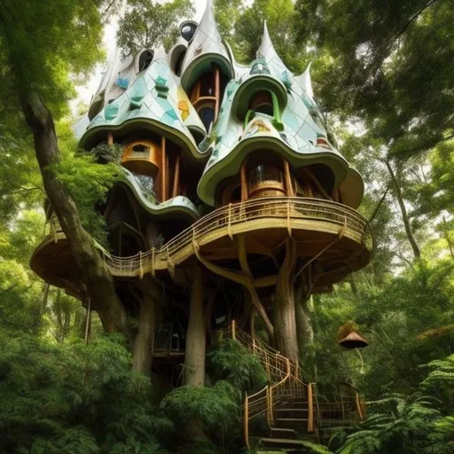 Prompt: a forest with a treehouse. the house has the same type of architecture as casa battlo. the forest is based on art noveu