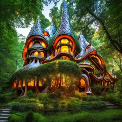 Prompt: a forest with a house. the house has the same type of architecture as casa battlo. the forest is based on art noveu