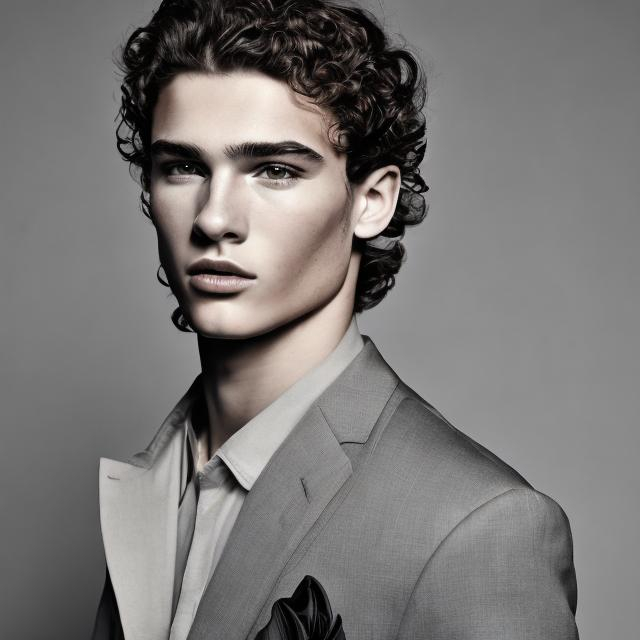 Prompt: a very handsome european looking model with curly hair and a middle part. wearing a black suit. 20 years old. black background