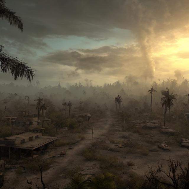 Prompt: wide shot of a post apocalyptic world. 4k. photo realistic. set in a tropical forest environment