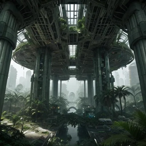 Prompt: an abandoned futuristic city inside of a jungle.