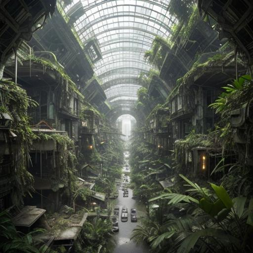 Prompt: an abandoned futuristic city inside of a jungle. the city is overgrown