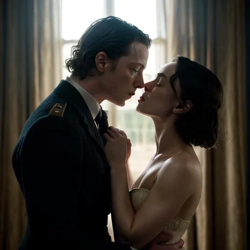 Prompt: keira knightley and james mcavoy kissing while dressed as their characters in atonement