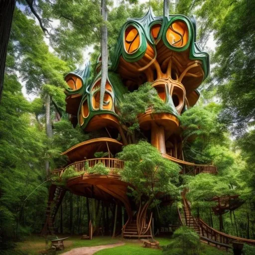 Prompt: a forest with a treehouse. the house has the same type of architecture as casa battlo. the forest is based on art noveu