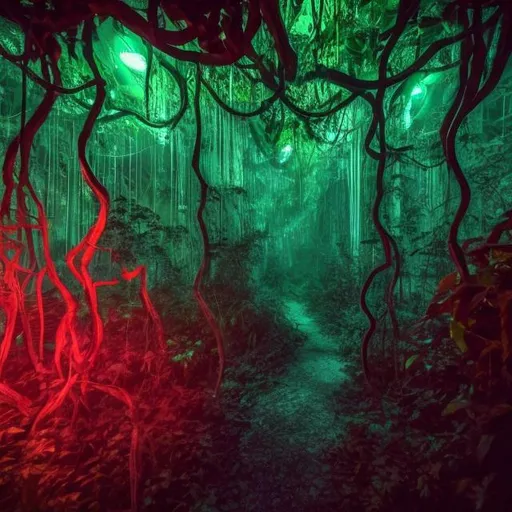 Prompt: a dark ambient forest with vines hanging from the trees. looks like a jungle but with neon colors