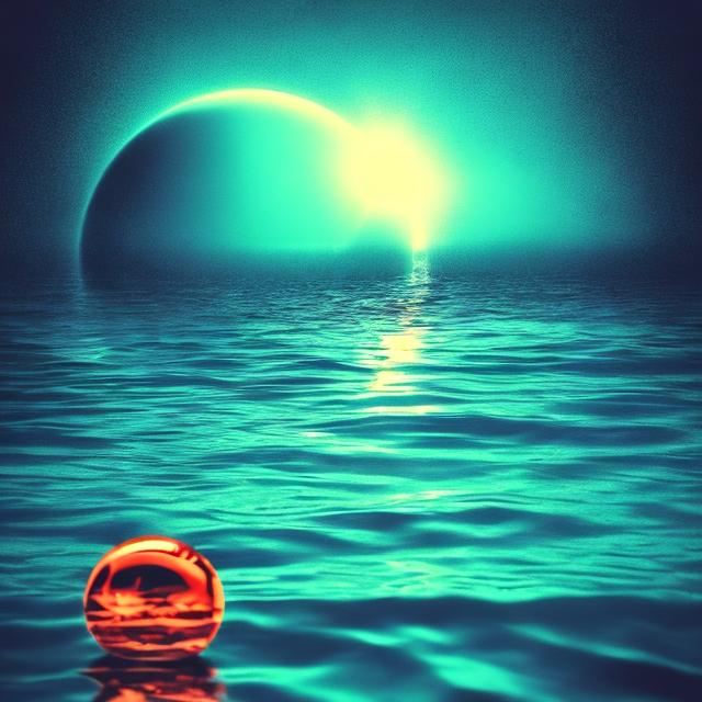 Prompt: a retro album cover with water as the main element and an orb in the middle of the photo