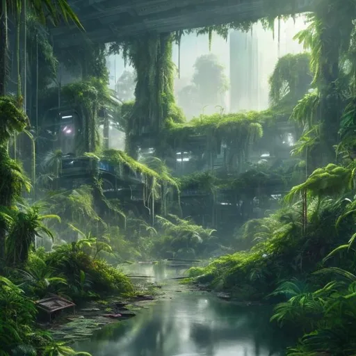 Prompt: Old abandoned Futuristic city overgrown with green plants in a jungle. lake. light blue sky high resolution 8k