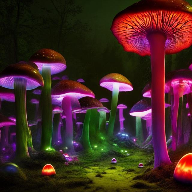 Prompt: landscape picture. frog perspective. a dark and ambient magical forest. forcuses on neon colours. has giant flourecent mushrooms and has biological lanterns. has vines and plants in bright neon colours