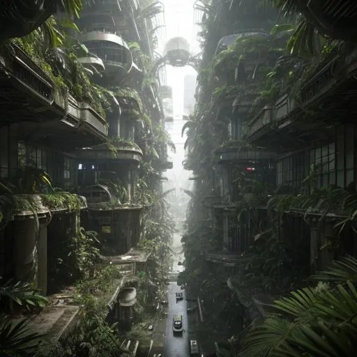 Prompt: an abandoned futuristic city inside of a jungle.