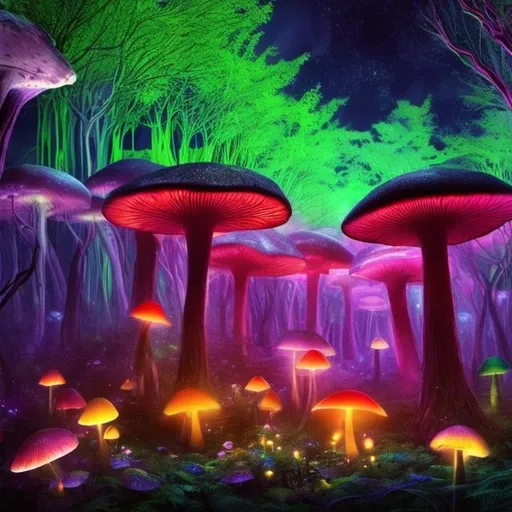 Prompt: landscape picture.  a dark and ambient magical forest. forcuses on neon colours. has giant flourecent mushrooms and has biological lanterns. has vines and plants in bright neon colours. has a galaxy sky in background