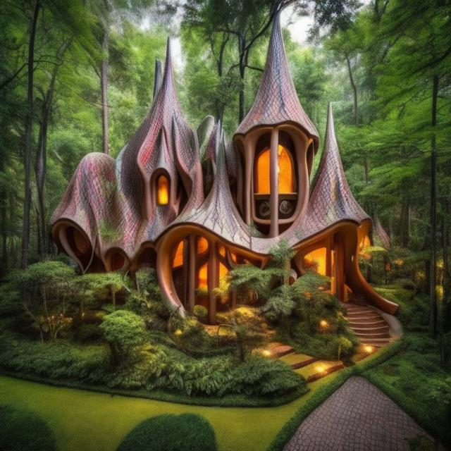 Prompt: a forest with a house. the house has the same type of architecture as casa battlo. the forest is based on art noveu