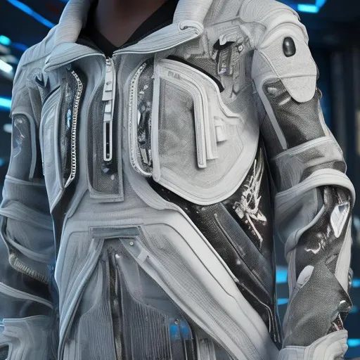 Prompt: futuristic clothing. 4k. photo realistic. focuses on the intricate details in the item of clothing. the clothing is inspired by typical "skater" style