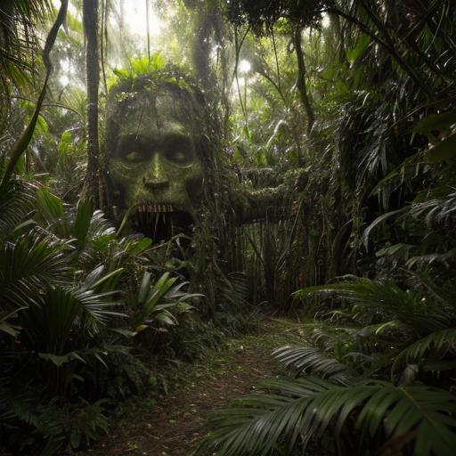 Prompt: a jungle but there are creepy creaturs hidden in the bushes