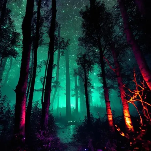 Prompt: a dark and ambient magical forest. focuses on neon colors. there is a cabin in the middle of the forest. has biological glowing lanterns.  has a galaxy sky in background
