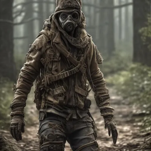 Prompt: post apocalyptic clothing. 4k. photo realistic. focuses on the intricate details in the item of clothing. is set in a forest environment